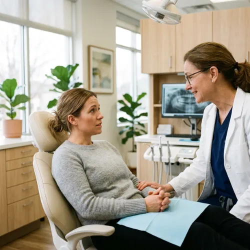 Dentist comforting concerned patient.