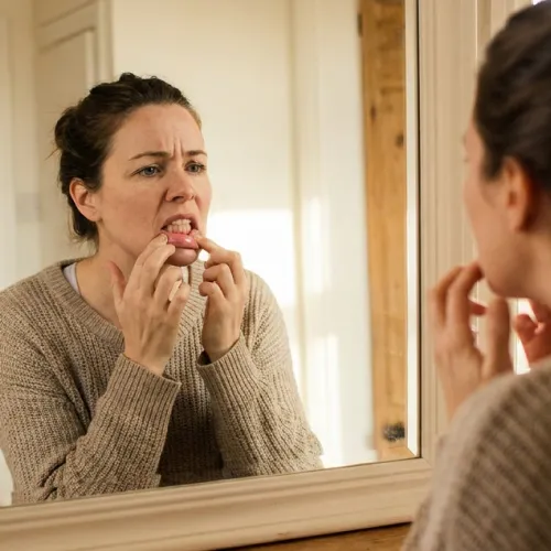 Woman looking in mirror and pulling down lower lip to show gums.