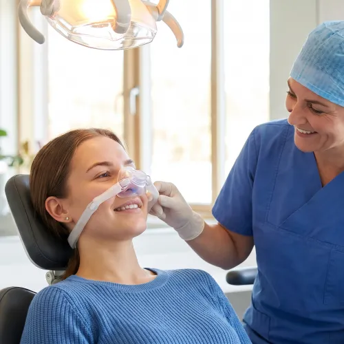 Patient wearing a nasal sedation mask while smiling in a dental chair as a dentist prepares for a comfortable, anxiety-free dental procedure.