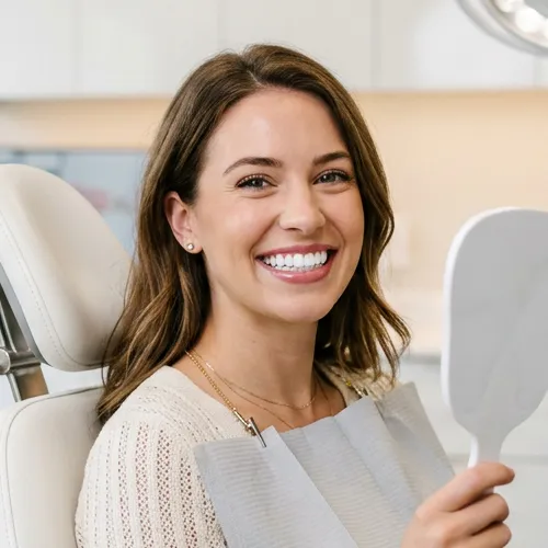 Woman smiling and holding hand mirror.