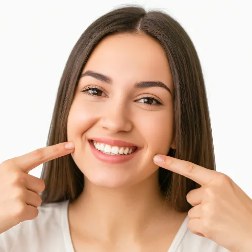 Woman pointing at her smile with both hands.