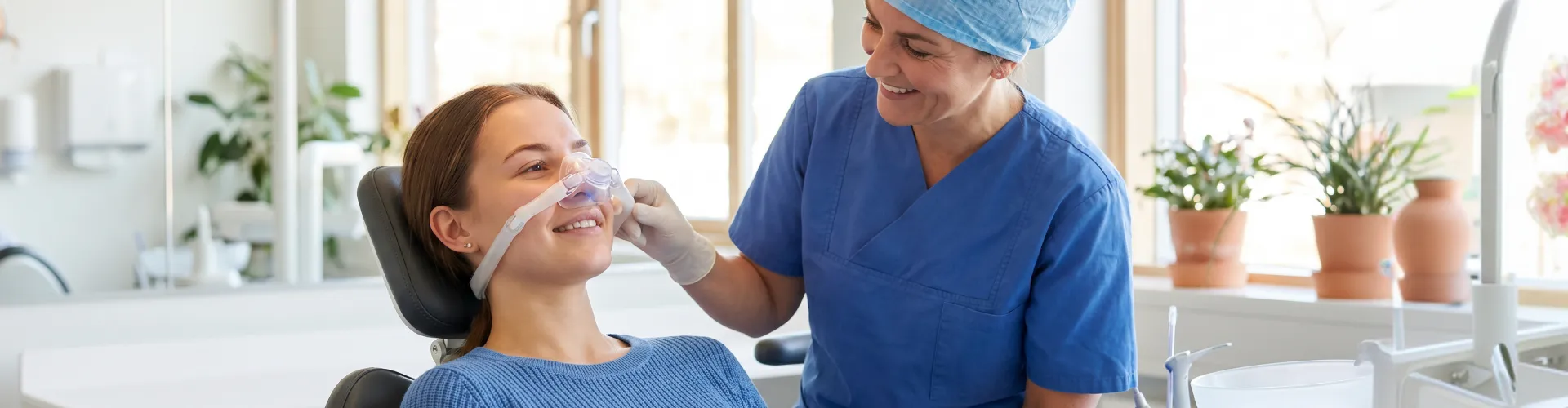 Patient wearing a nasal sedation mask while smiling in a dental chair as a dentist prepares for a comfortable, anxiety-free dental procedure.