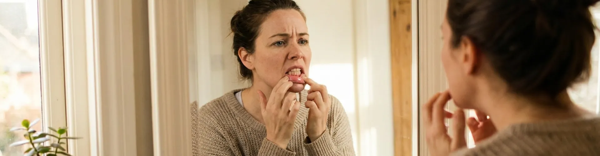 Woman looking in mirror and pulling down lower lip to show gums.