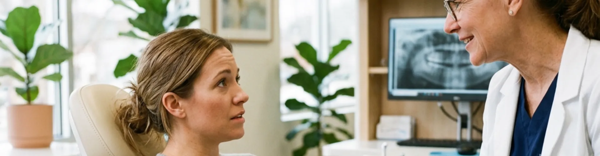 Dentist comforting concerned patient.