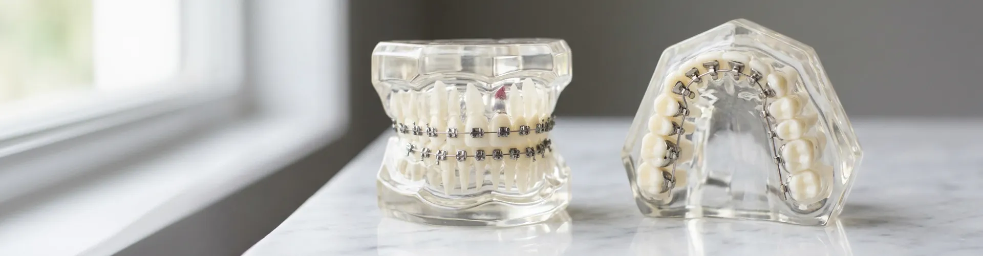 Dental models comparing traditional metal braces and lingual braces for orthodontic treatment.